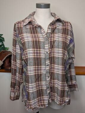 New In Mixed Plaid Patchwork Flannel Shirt Women's Large Boho Raw Edge Button L